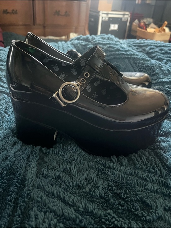 Shoes - Patent Black Platform Mary Jane Wedges with Buckle
